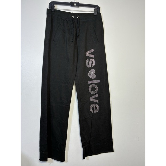 Victoria Secret Wide Leg Pull On Pants Sz XS Black rhinestone logo Y2K Lounge - Picture 1 of 9